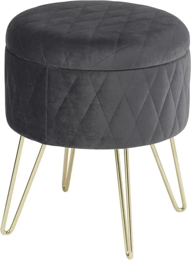 Woltu Comnox Ronde Fluwelen Opbergpoef met Gouden Metalen Poten 31 5x31 5x36 cm Multifunctioneel Zitmeubel en Opbergruimte Donker Grijs