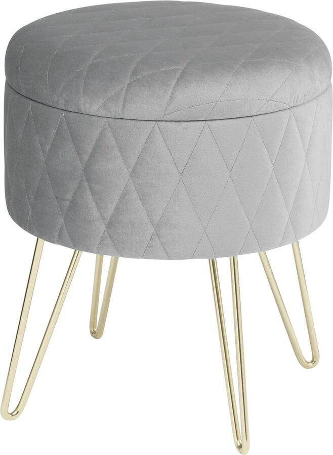 Woltu Comnox Ronde Fluwelen Opbergpoef met Gouden Metalen Poten 31 5x31 5x36 cm Multifunctioneel Zitmeubel en Opbergruimte Licht Grijs
