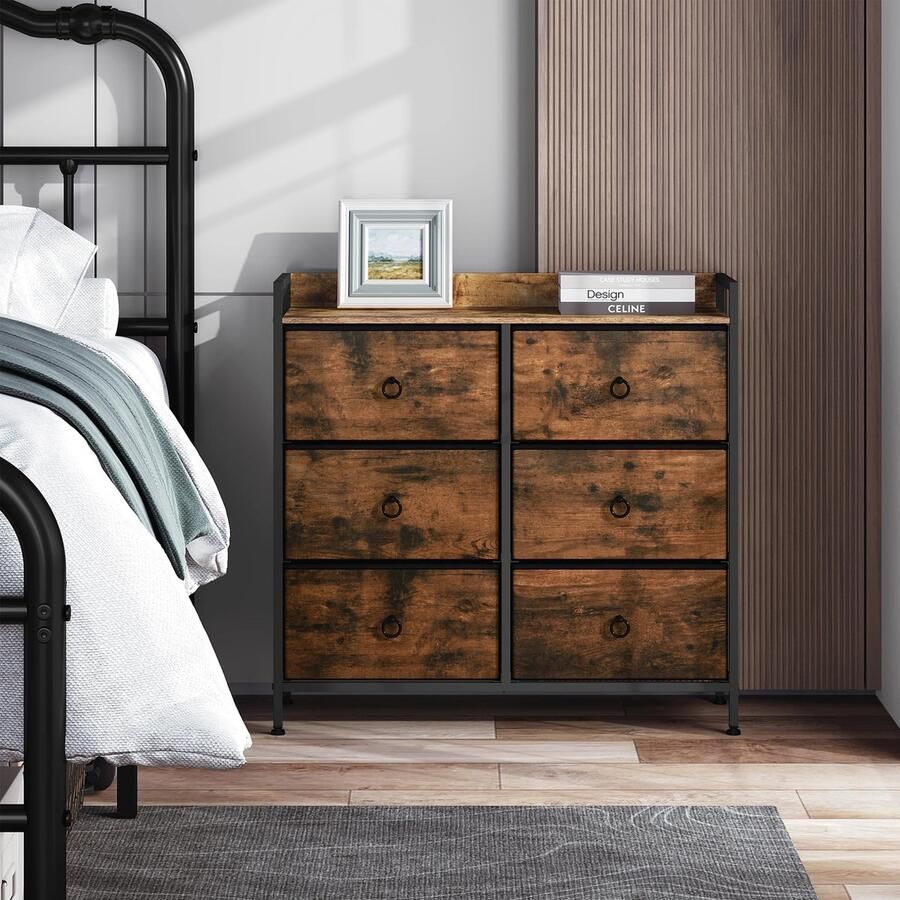 Woltu Dressoir Slaapkamer 6 stoffen laden rustiek bruin met zwart Dressoir voor kinderkamer