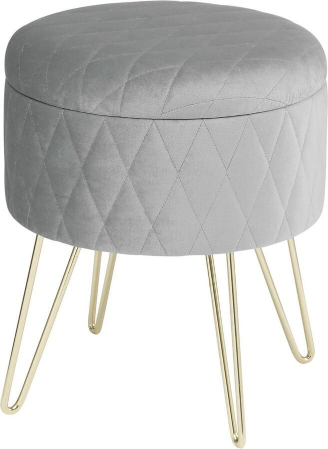 Woltu Kanyu Fluwelen Opbergkruk Lichtgrijs Ronde Ottomaanse Kruk Met Gouden Voetjes Voor Slaapkamer & WoonKamer