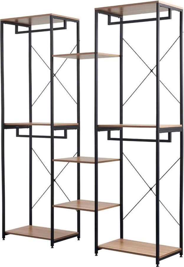 Woltu Kledingrek kledingstang 2 + 3 + 2 planken met schoenenrek van spaanplaat en stalen buizen licht eiken + zwart SR0128hei
