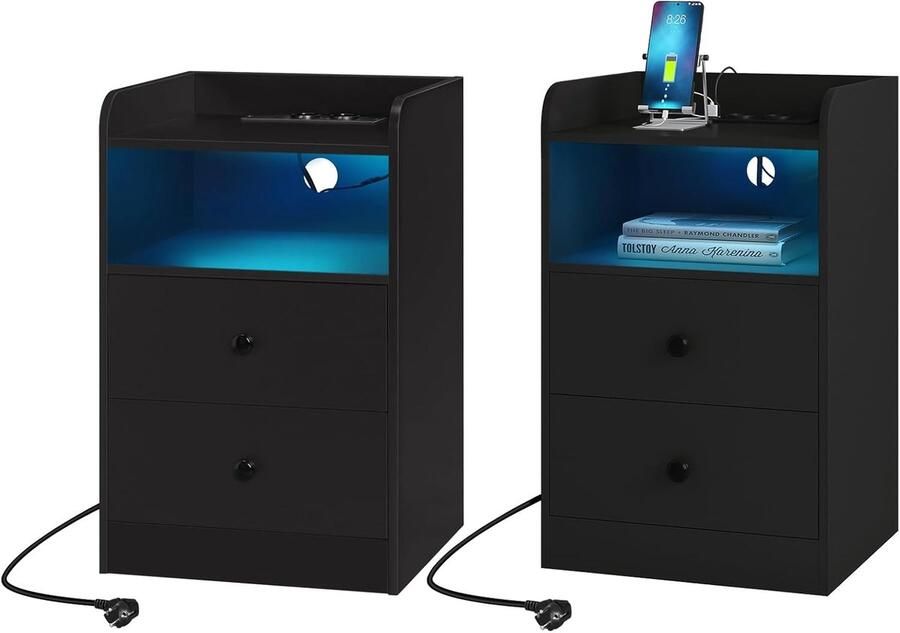 Woltu Nachtkastje- Nachtkastjes set van 2- Nachtkastjes- Nachtkastjes industrieel- Nachtkastjes modern- Nachtkastje zwevend- Nachtkastje led verlichting- Nachtkasje led- Nachtkastjes usb- Nachtkastje usb poort- met oplaadfunctie