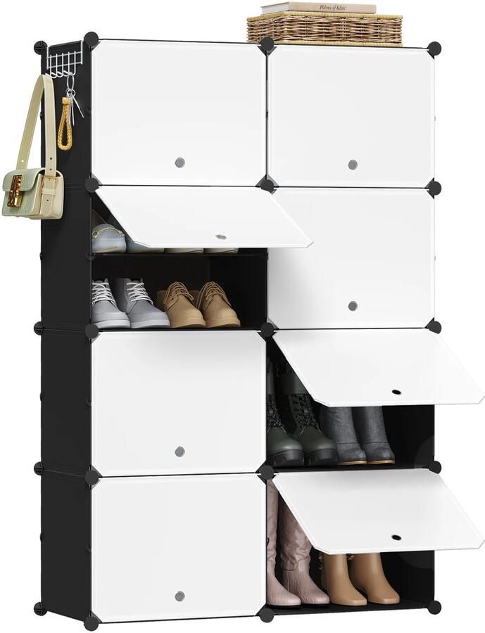 Woltu Ohana DT Schoenenkast Schoenenrek 8 Vakken Modulair Tot 32 Paar Schoenen Multifunctioneel Zwart Wit