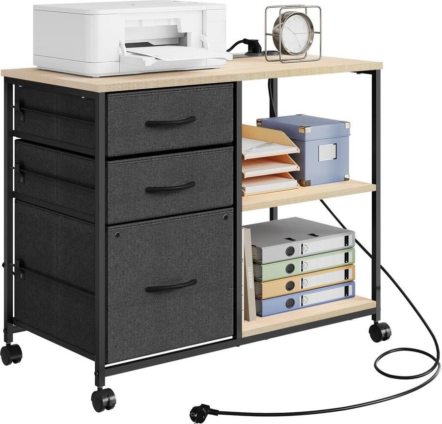 Woltu RoyaLuxe Mobiele Print Standaard Met Stoffen Lades & Oplaadpunt Print Tafel Print Kastje Organizer Printer Printers Kast Kastje Kasten Tafeltje Tafel Tafels Opbergkast Opbergkastje Kantoor Organizers Archiefkast