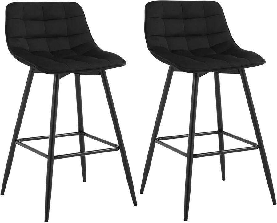 Woltu Zwart Barkrukken Set van 2 Stal Metalen Poten Barstoelen Fluweel zitting met Rugleuning En Voetensteun