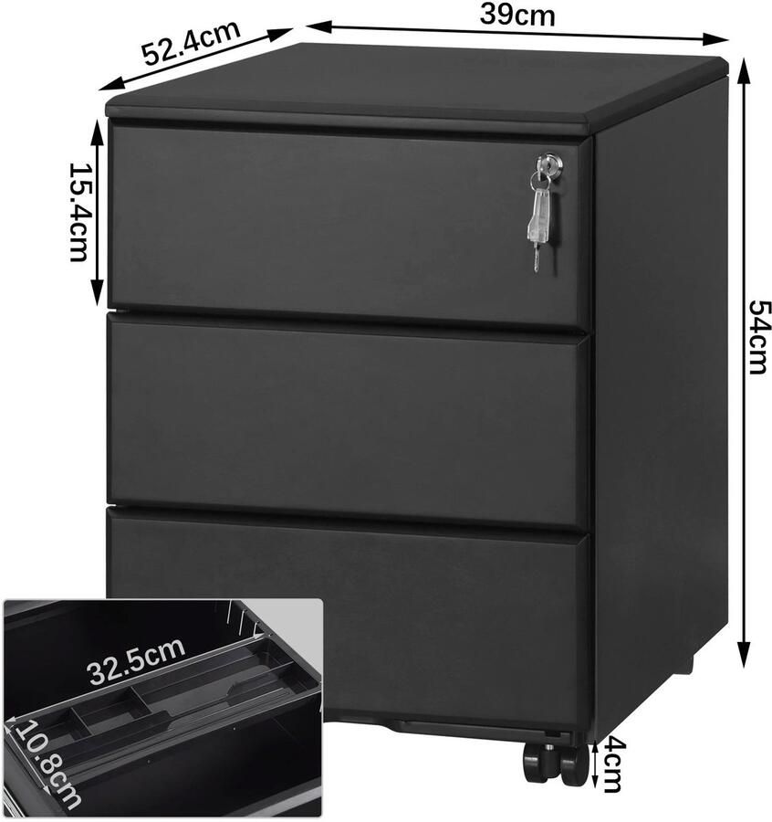 Woltu Zwart Metalen Kantoor Archiefkast 3 Laden Rolcontainer Mobiel 39x52 4x54cm Lade 33x49x10 cm 17 6 kg Kwaliteit Metaal Zeer Stabiel & Robuust 5 Wielen 2 met Rem Beweegbaar & Flexibel Beveiliging & Privacybescherming Antibreuksleutel Kastslot Centraal