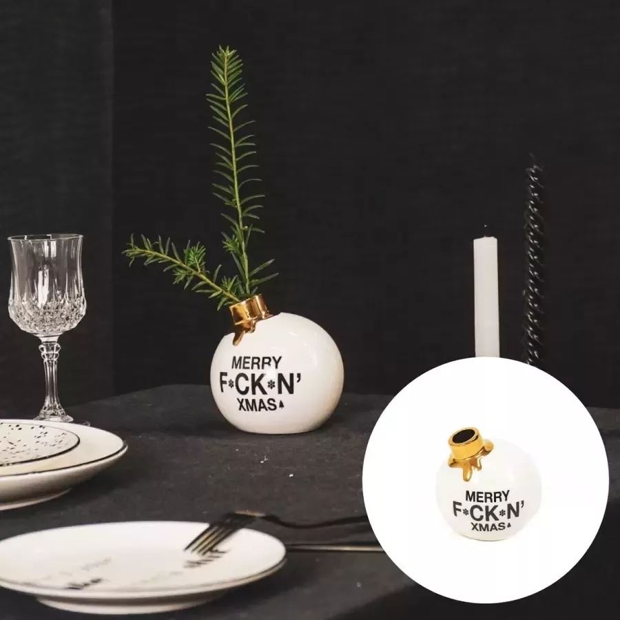 Womens Favorites Kerst vaas 'Merry F*ck*n XMAS ' Wit Goud Kerstvaas kerstdecoratie tafel Porselein- 8cm