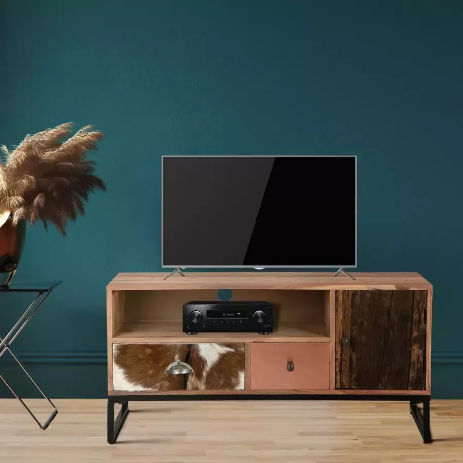 WOMO-Design TV-dressoir met 2 laden 100x50x40 cm acacia en drempelhout met metalen poten - Foto 2
