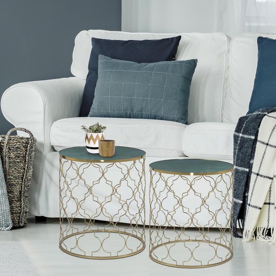 Womo-design set van 2 bijzettafels groen Ø40x45 Ø45x50 cm gemaakt van metaal en marmer