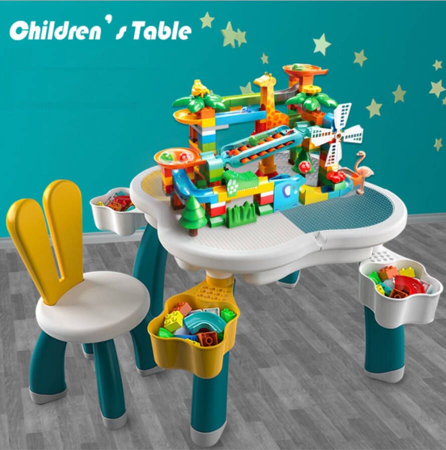 WonderHow Grote bouwtafel set voor DUPLO en LEGO Robuust en Stabiel + 1 Konijnenstoel + 4 Opbergbakken Constructietafel Kinderwerktafel Zandbak Watertafel Kindertafel en stoelen met speelgoedopslag Aquamarijnkleur uit de Bos