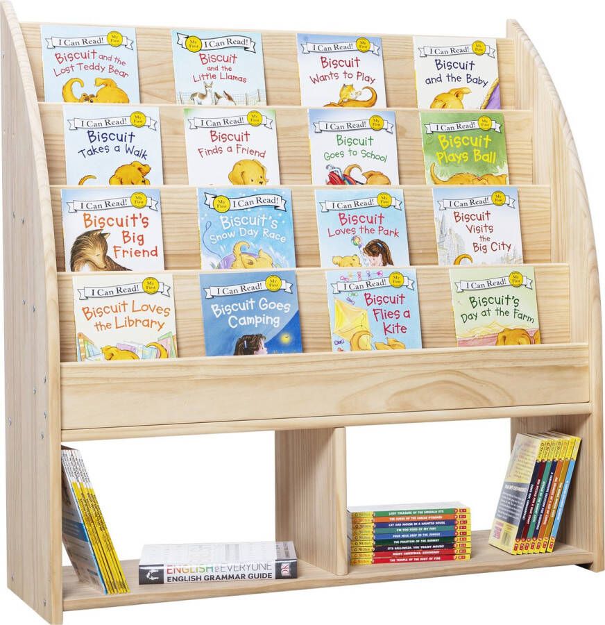 WonderMind 【Grote capaciteit】100% Massief Houten Montessori Boekenkast met Opbergruimte B95×H95×D35 Opbergvakken Kinderboekenrek Kinderboekenplank Children's Bookcase Kinderkamerkast Bibliotheekkoffer Speelgoed Opbergkast Toy organizer Storage