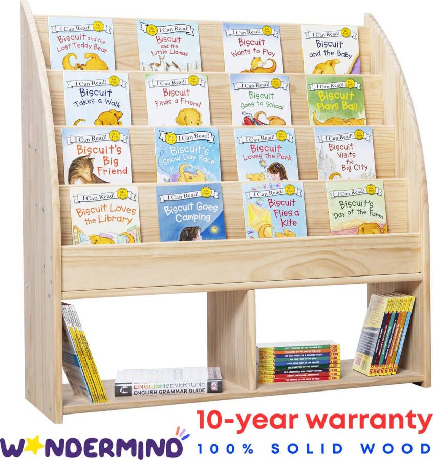 WonderMind 【Grote capaciteit】100% Massief Houten Montessori Boekenkast met Opbergruimte B95×H95×D35 Opbergvakken Kinderboekenrek Kinderboekenplank Children's Bookcase Kinderkamerkast Bibliotheekkoffer Speelgoed Opbergkast Toy organizer Storage