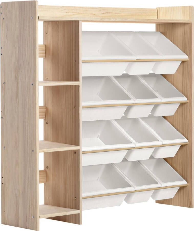 WonderMind Massief Houten Opslagcombinatie W115 x D30 x H115 cm + 12 Witte Opslagbakken & Boekenkast voor Kinderen Speelgoedrek Speelgoedkast Speelgoedbox Opbergkast Kinderkast Opbergmeubel Kinderboekenrek Montessori Boekenplank Ongecoat