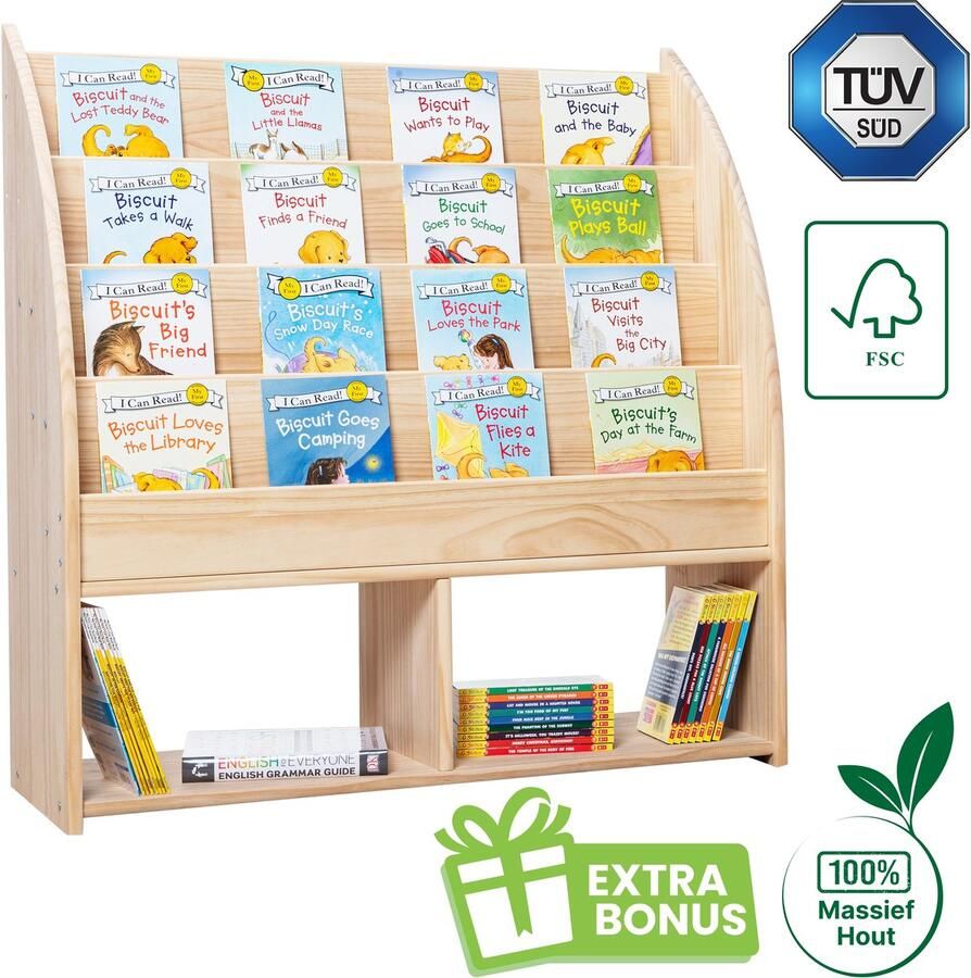 WonderMind TÜV-gecertificeerd 100% Massief Houten Montessori Kinderboekenkast B90 x H95 x D35 cm Boekenkast voor Kinderen Bookcase Kinderkamerkast Speelgoedrek Opbergrek Organizer Speelgoedkast Boekenrek Kinderboekenplank Kinderopbergkast