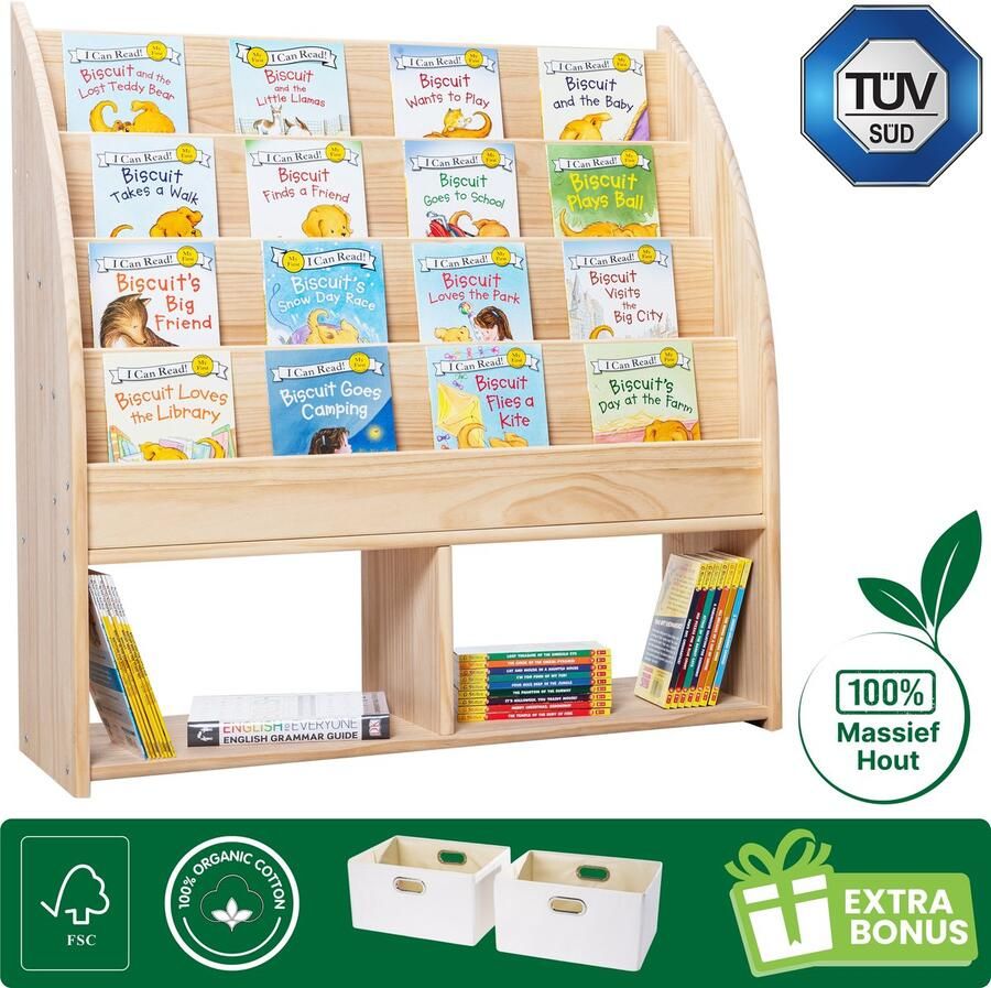 WonderMind 【Grote capaciteit】100% Massief Houten Montessori Boekenkast met Opbergruimte W90×H95×D35 Opbergvakken Kinderboekenrek Kinderboekenplank Children's Bookcase Kinderkamerkast Bibliotheekkoffer Speelgoed Opbergkast Toy organizer Storage