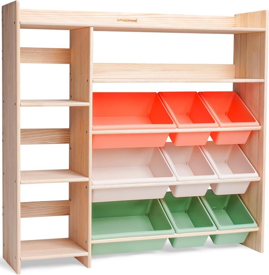 WonderMind Massief Grenenhouten Opbergkast Kinderkamer – Speelgoedkast met 9 Opbergbakken & Kinderboekenkast – Speelgoedkist – Speelgoed Opbergers – Speelgoedmand – Boekenkast Kind voor Kinderboeken – Boekenkast Kinderkamer – Kinderstoel – WM-M004 - Foto 2