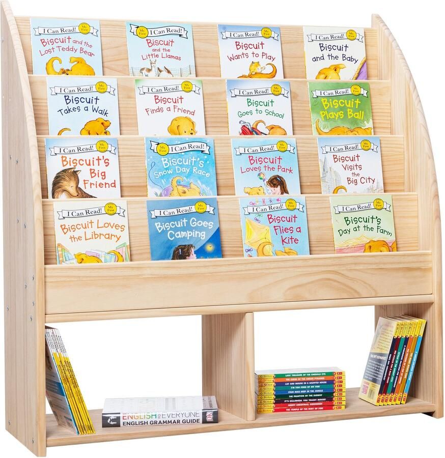 WonderMind Montessori Massief Houten Kinderboekenkast W80 × H80 × D35 cm Mijn Eigen Bibliotheek Kinderboekenrek Opbergkast Solide Houten Boekenkast kinderen Boekenplank Kinderkamer Kast Opbergrek Speelgoedkast【 WA-B001】