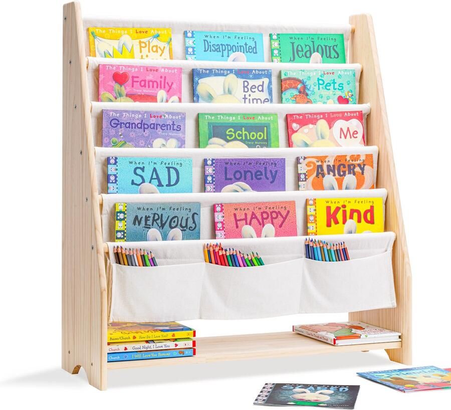 WonderMind Montessori Massief Houten Kinderboekenkast W76 × H83 × D28 cm Mijn Eigen Bibliotheek Kinderboekenrek Opbergkast Solide Houten Boekenkast kinderen Boekenplank Kinderkamer Kast Opbergrek Speelgoedkast【 WM-C003】