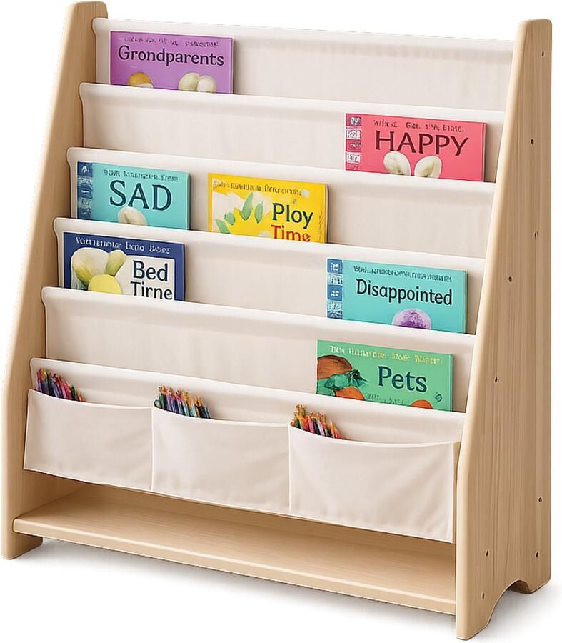 WonderMind Massief Grenenhout Montessori Kinderboekenrek – Frontale Boekendisplay met Canvas Boekenvakken – Kinderboekenkast – Speelgoedkast – Speelgoedopberger – Speelgoedmand – Boekenkast Kinderkamer – Kinderstoel – WM-C003 - Foto 2