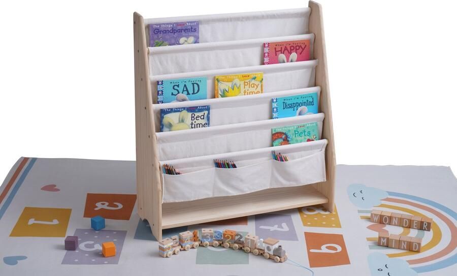 WonderMind Montessori Massief Houten Kinderboekenkast W76 × H83 × D28 cm Mijn Eigen Bibliotheek Kinderboekenrek Opbergkast Solide Houten Boekenkast kinderen Boekenplank Kinderkamer Kast Opbergrek Speelgoedkast【 WA-C003】