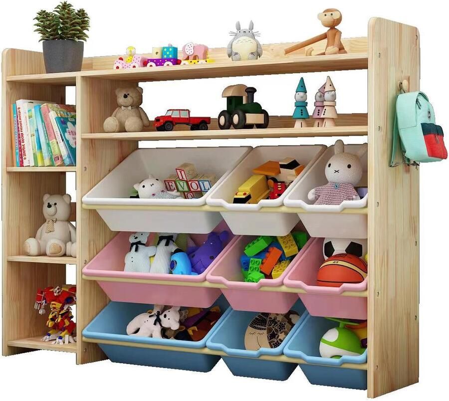 O'Liv WonderMind Montessori Massief Houten Speelgoedopbergrek met 9 Opslagbakken & 3 Boekenplanken L115 × W30 × H115 cm Opbergrek Opbergplank Opbergkast Speelgoedkast Speelgoedbox Boekenkast Stellingkast Kast kinderkamer Kinderkast