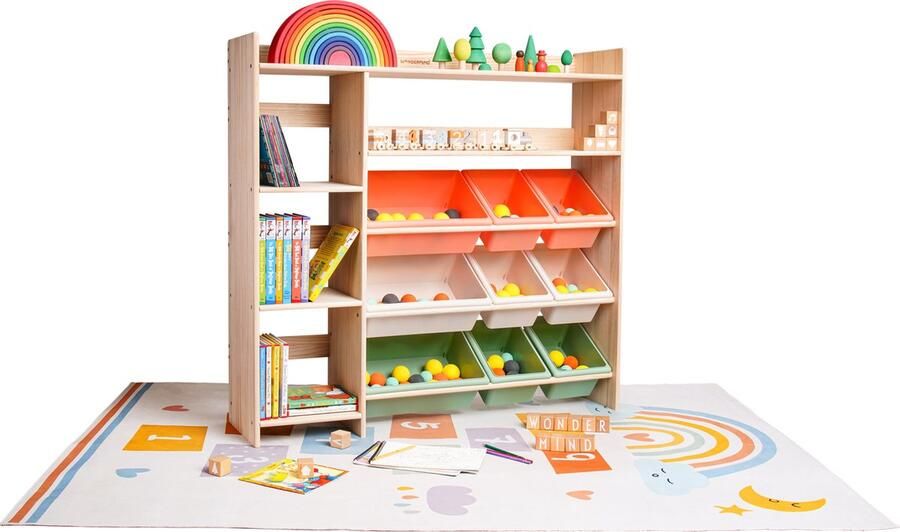 WonderMind 【Premium Massief Houten Montessori Speelgoedkast】met 9 Opslagbakken & Boekenplanken W116 × H112 × D30 cm Speelgoedopbergrek Opbergplank Opbergkast Speelgoedbox Boekenkast Stellingkast Kast Kinderkamer Kinderkast 【 WM-M004】