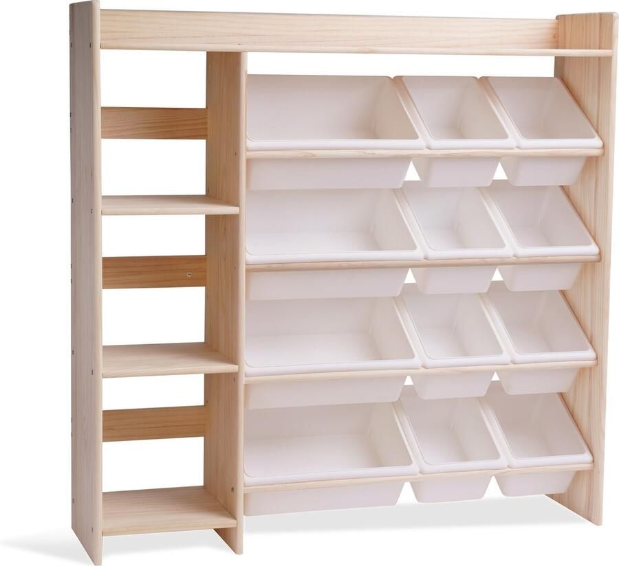 WonderMind 【Premium Massief Houten Montessori Speelgoedkast】met 9 Opslagbakken & Boekenplanken W115 × H115 × D30 cm Speelgoedopbergrek Opbergplank Opbergkast Speelgoedbox Boekenkast Stellingkast Kast Kinderkamer Kinderkast 【 WM-M001】