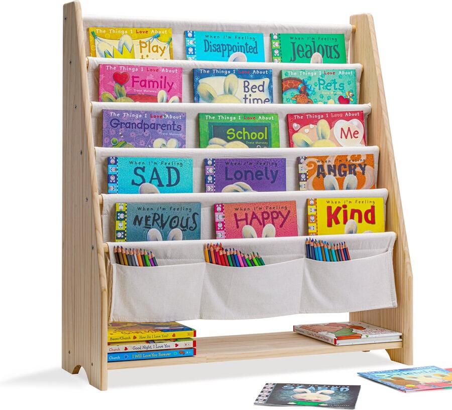 WonderMind 【Massief Houten + Katoen】XXL Kinderboekenrek Kinderboekenkast Kinderboekenplank W90 x D35 x H85 cm Boekenkast voor Kinderen Speelgoedrek Speelgoedkast Speelgoedbox Opbergkast Kinderkast Opbergmeubel Montessori Boekenplank Ongecoat