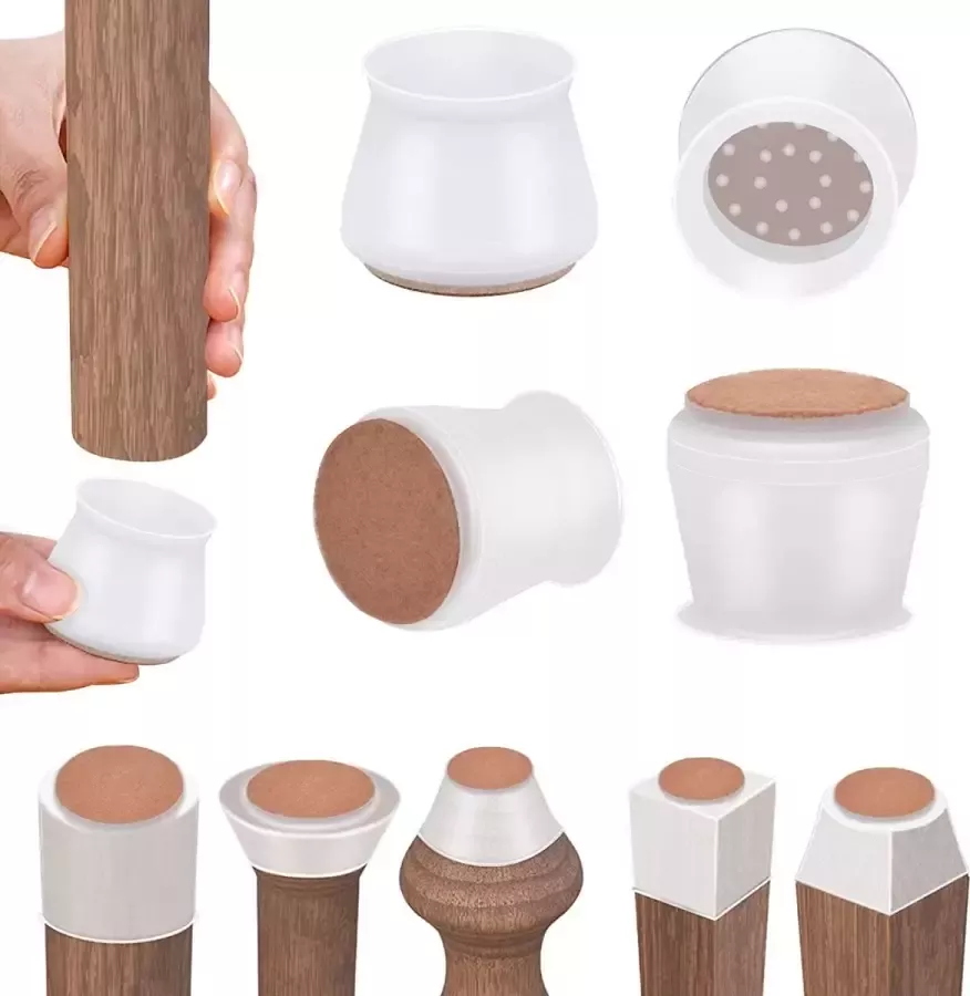 Wondersathome Stoelpoot Sokken met Viltjes Universeel Stoelpoot Doppen Stoelpoothoesjes 16 Stuks Stoel Voetjes Siliconen Stoelpoot Beschermers Rond Wit Doorzichtig Flexibel 25 mm