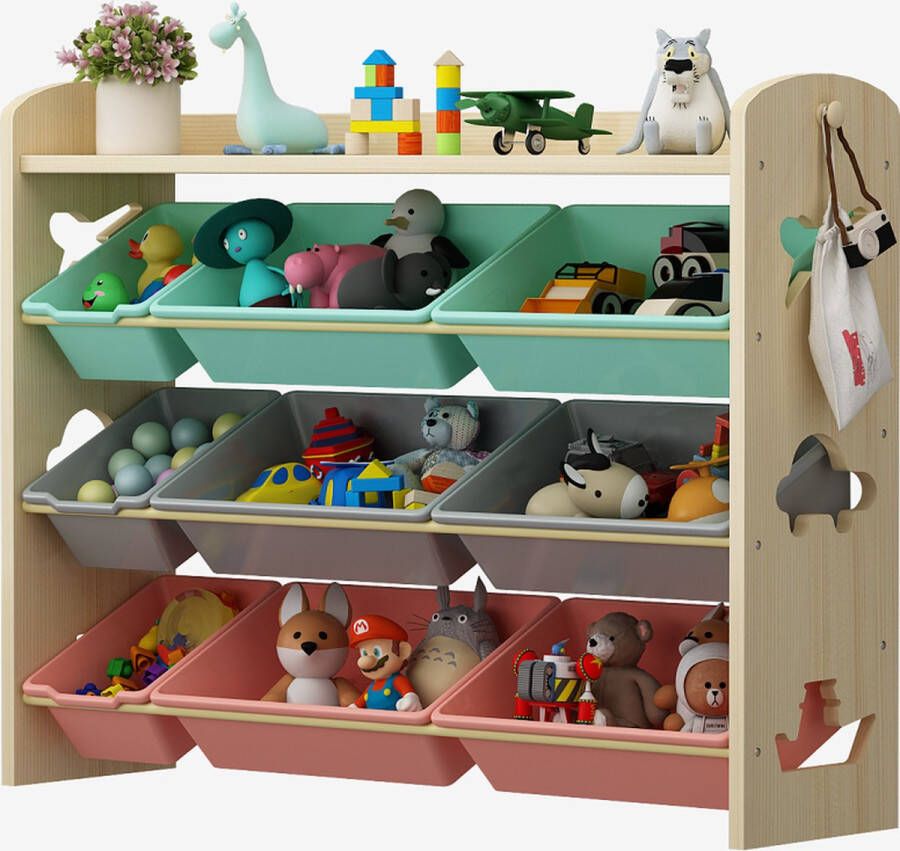 WonderMind 【Grote capaciteit】Massief houten 4-laags Kast L103 x H89 x B30 cm met 9 Opslagbakken & Boekenplank Morandi Opbergkast Speelgoedrek Opbergrek Speelgoedboxen Opbergmeubel Kast voor kinderkamer Kinderkast Speelgoedkast kinderkamer