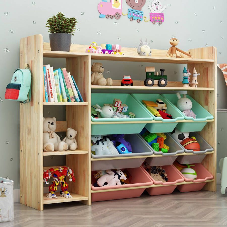 WonderWild Massief houten 4-laags Kast L126 x H92 x D38 cm met 12 Opslagbakken & Boekenplank & extra Boekenkast Opbergkast Speelgoedrek Opbergrek Speelgoedboxen Opbergmeubel Kast voor kinderkamer Kinderkast Speelgoedkast