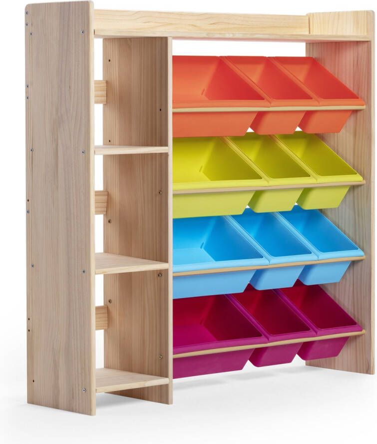 WonderMind Massief Houten Opslagcombinatie W115 x D30 x H115 cm + 12 Regenboog Opslagbakken & Boekenkast voor Kinderen Speelgoedrek Speelgoedkast Speelgoedbox Opbergkast Kinderkast Opbergmeubel Kinderboekenrek Montessori Boekenplank Ongecoat