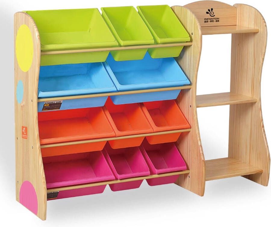 WonderWild 【GEEN MDF】Massief houten 4-laags Kast L126 x H92 x D38 cm met 12 Opslagbakken & Boekenplank & extra Boekenkast Opbergkast Speelgoedrek Opbergrek Speelgoedboxen Opbergmeubel Kast voor kinderkamer Kinderkast Speelgoedkast