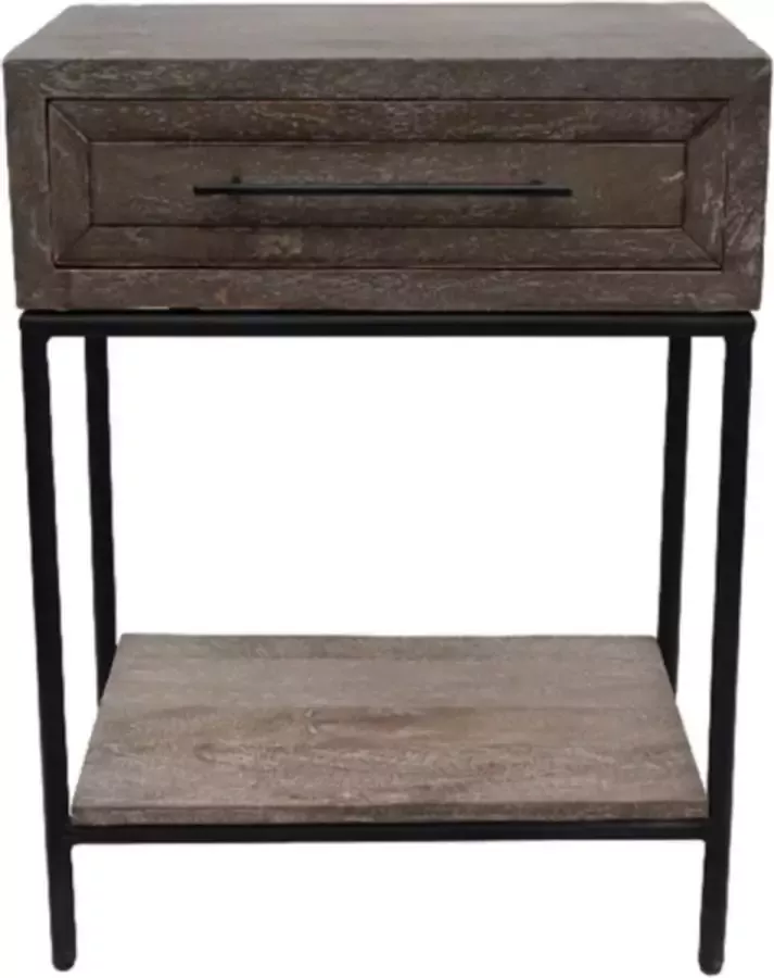 Wood & Iron Nachtkastje Henry Industrieel Massief Hout Grijs Mat Zwart Frame