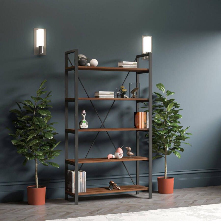 Woodhouse Wood House Pacific Wandkast Industrieel Hout en Metaal 5 Planken Zwart en Bruin 70x35x180