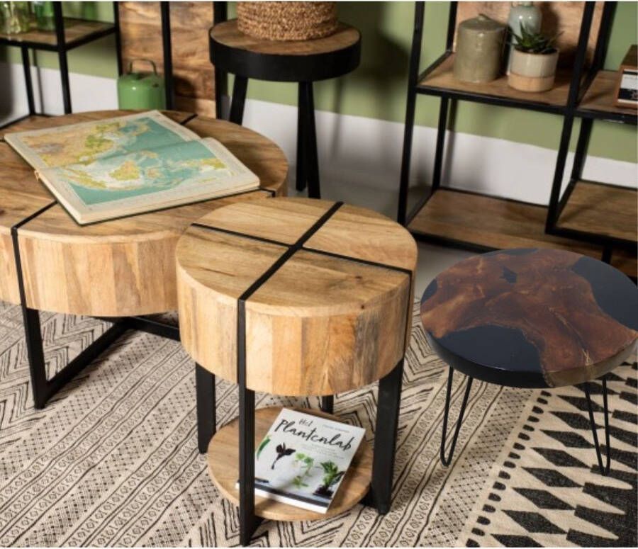 Wood Selections Bijzettafel Metaal met Hout Bijzettafeltje Woonkamer Tafeltje Woonkamertafeltje Salontafel Woonkamertafel Bedtafeltje Rond Bijzet tafel Sidetable ø50x45