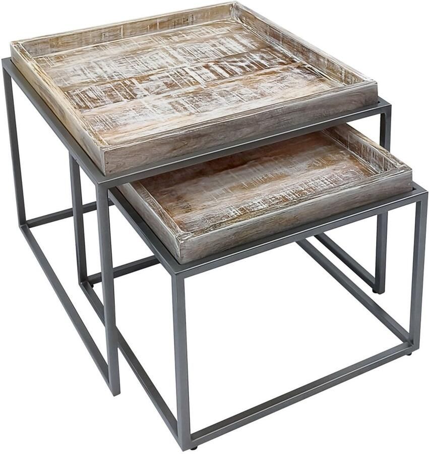 Wood Selections David Couchtisch 2er Set witgekalkt en matzilver gerecycled hout en metaal 60x60x45 cm salontafel industrieel koffietafel tafeltje laag bijzettafeltje