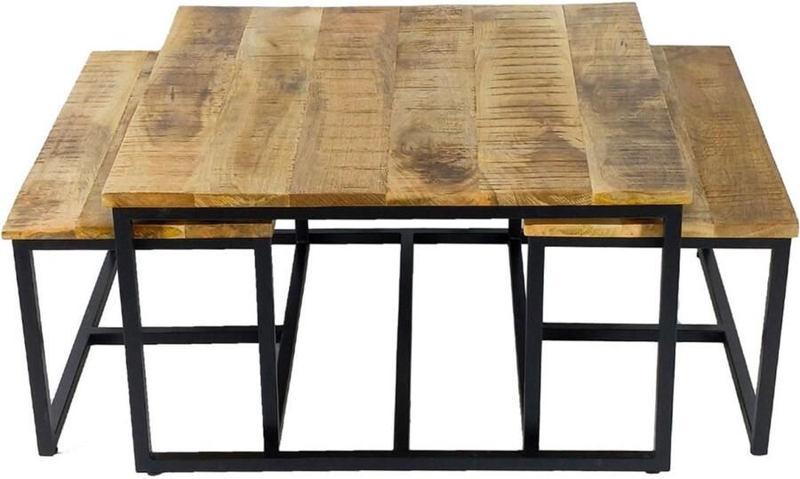 Wood Selections Emma Bijzettafel 3er Set Zwart Gerecycled mango hout en metaal 70x33x40 34 cm bijzettafel buiten bijzettafel industrieel salontafel klein bijzettafeltje