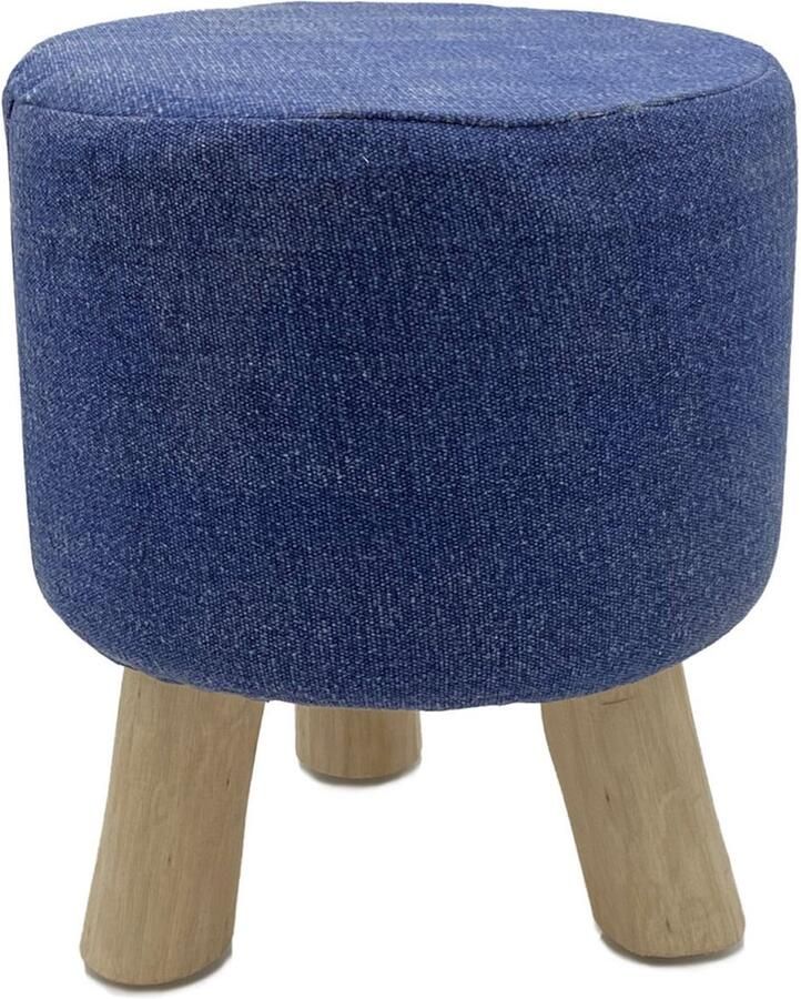 Wood Selections Emma Hocker jeansblauw katoen en teak Ø 35 cm hoogte 45 cm poef hocker Kruk hockers en poefen fluwelen poef