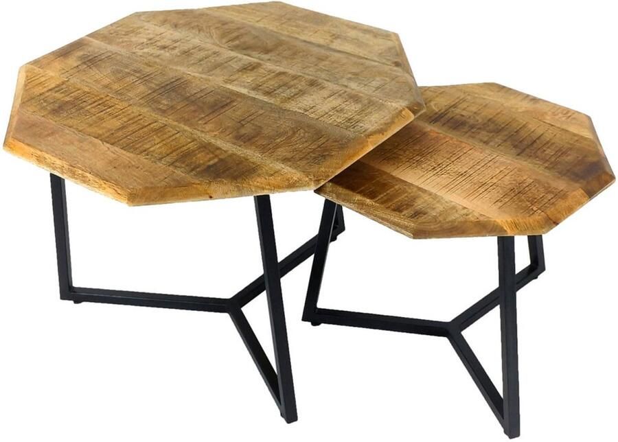 Wood Selections Eva Couchtisch 2er Set zwart massief hout en metaal 67x52x47 40cm salontafel industrieel koffietafel tafeltje laag bijzettafeltje