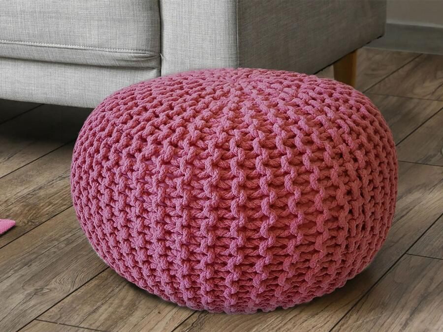 Wood Selections Eva Pouf roze 100% gerecycled katoen Ø 55 cm hoogte 37 cm poef hocker Kruk hockers en poefen fluwelen poef