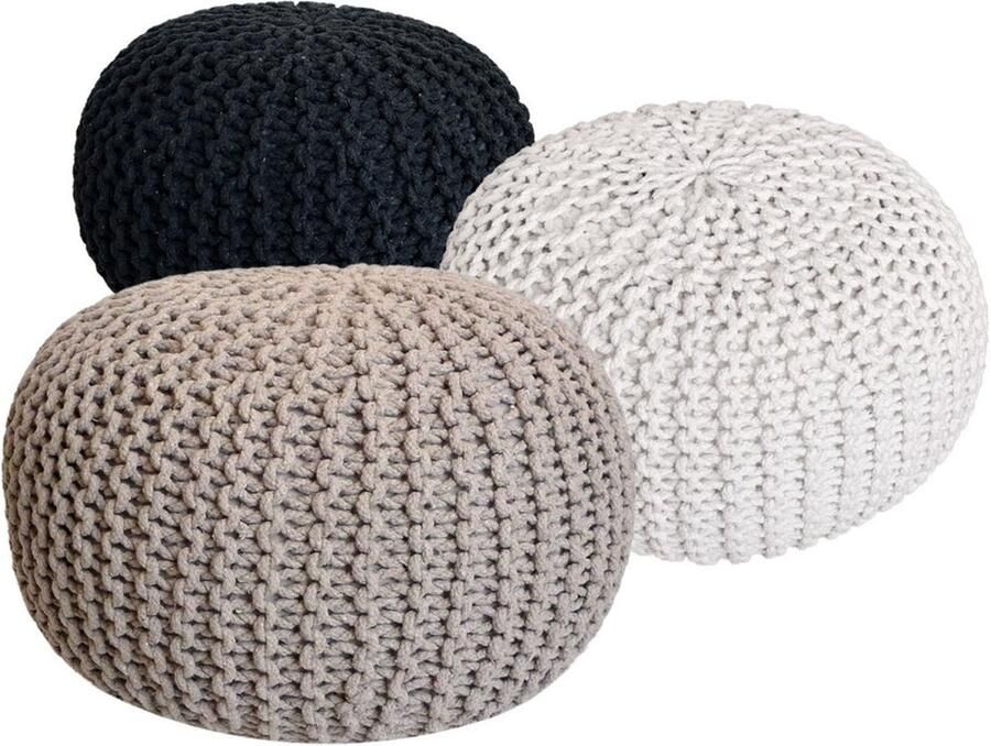 Wood Selections Evelyn Pouf Set 3 Stuks Grof Gebreid 100% Gerecycled Katoen Ø 55 cm poef hocker Kruk hockers en poefen fluwelen poef