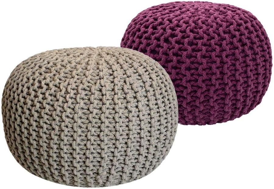 Wood Selections Finn Sitzhocker Pouf SET 2 Stuks Beige & Violett Gerecycled Katoen Ø 55 cm H 37 cm poef hocker Kruk hockers en poefen fluwelen poef