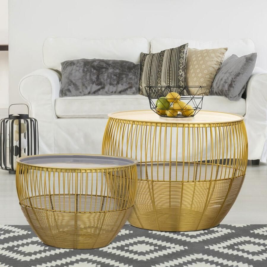 Wood Selections Isabella bijzettafels goud en grijs metaal en emaille ø 49 41 H 37 29 cm bijzettafel buiten bijzettafel industrieel salontafel klein bijzettafeltje