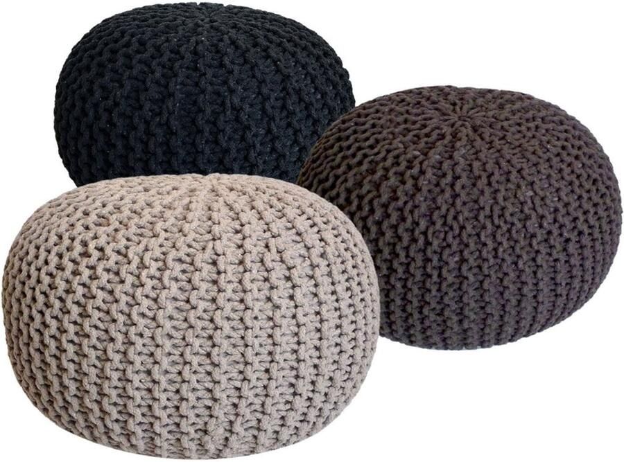Wood Selections Isabella Pouf Set 3 Stuks Gebreid 55 cm Ø poef hocker Kruk hockers en poefen fluwelen poef
