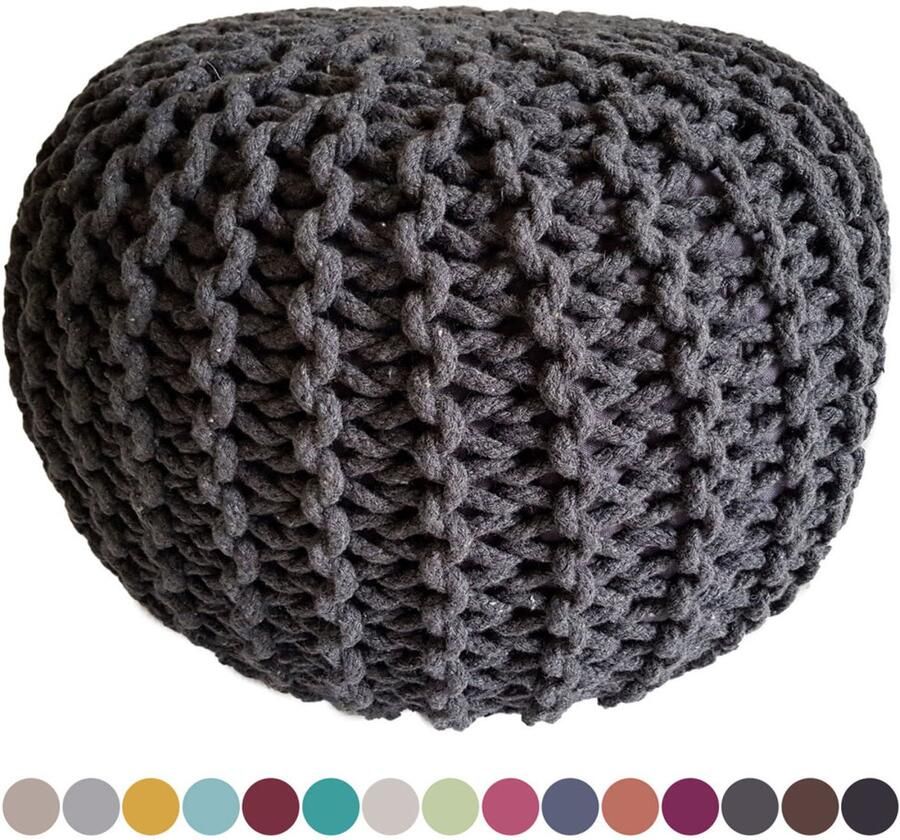 Wood Selections Isabella Strickhocker Pouf donkergrijs 100% gerecycled katoen Ø 45 cm poef hocker Kruk hockers en poefen fluwelen poef