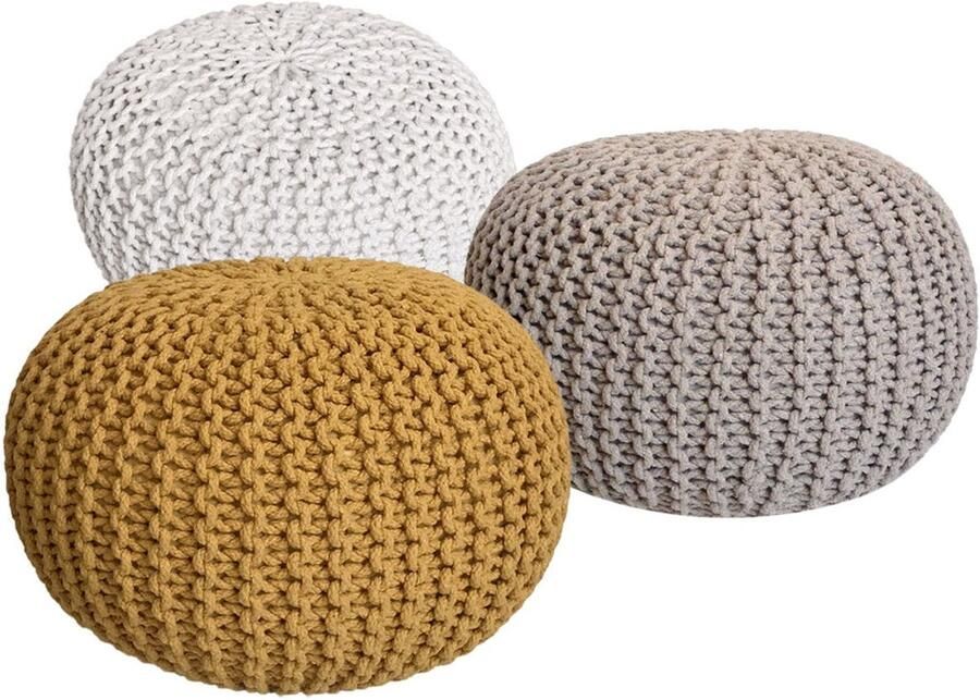 Wood Selections Luuk Pouf Set 3 Stuks Grof Gebreid 100% Gerecycled Katoen Ø 55 cm poef hocker Kruk hockers en poefen fluwelen poef