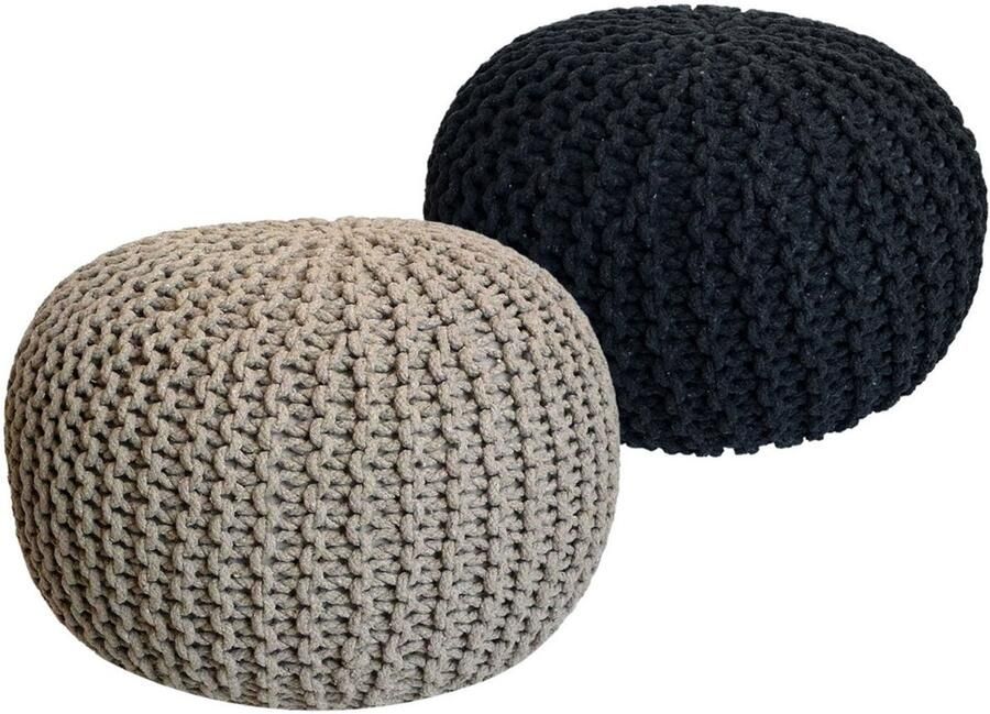 Wood Selections Luuk Sitzhocker Pouf SET 2 Stück Beige & Antraciet Gerecycled katoen Ø 55 cm H 37 cm poef hocker Kruk hockers en poefen fluwelen poef
