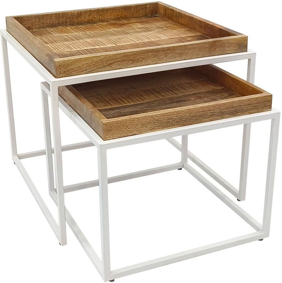 Wood Selections Mia Couchtisch 2er Set tabak en mat wit gerecycled hout en metaal 60x60x45 cm salontafel industrieel koffietafel tafeltje laag bijzettafeltje