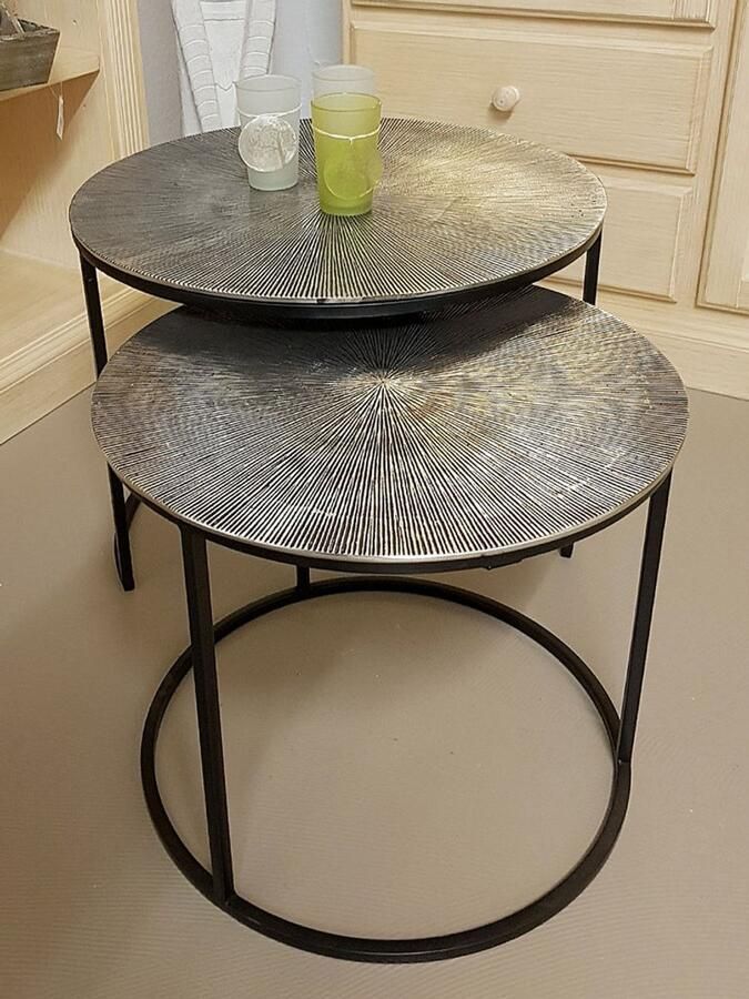 Wood Selections Michael Couchtisch Set 2 Zilver Aluminium ø 55 u. 45 cm bijzettafel buiten bijzettafel industrieel salontafel klein bijzettafeltje